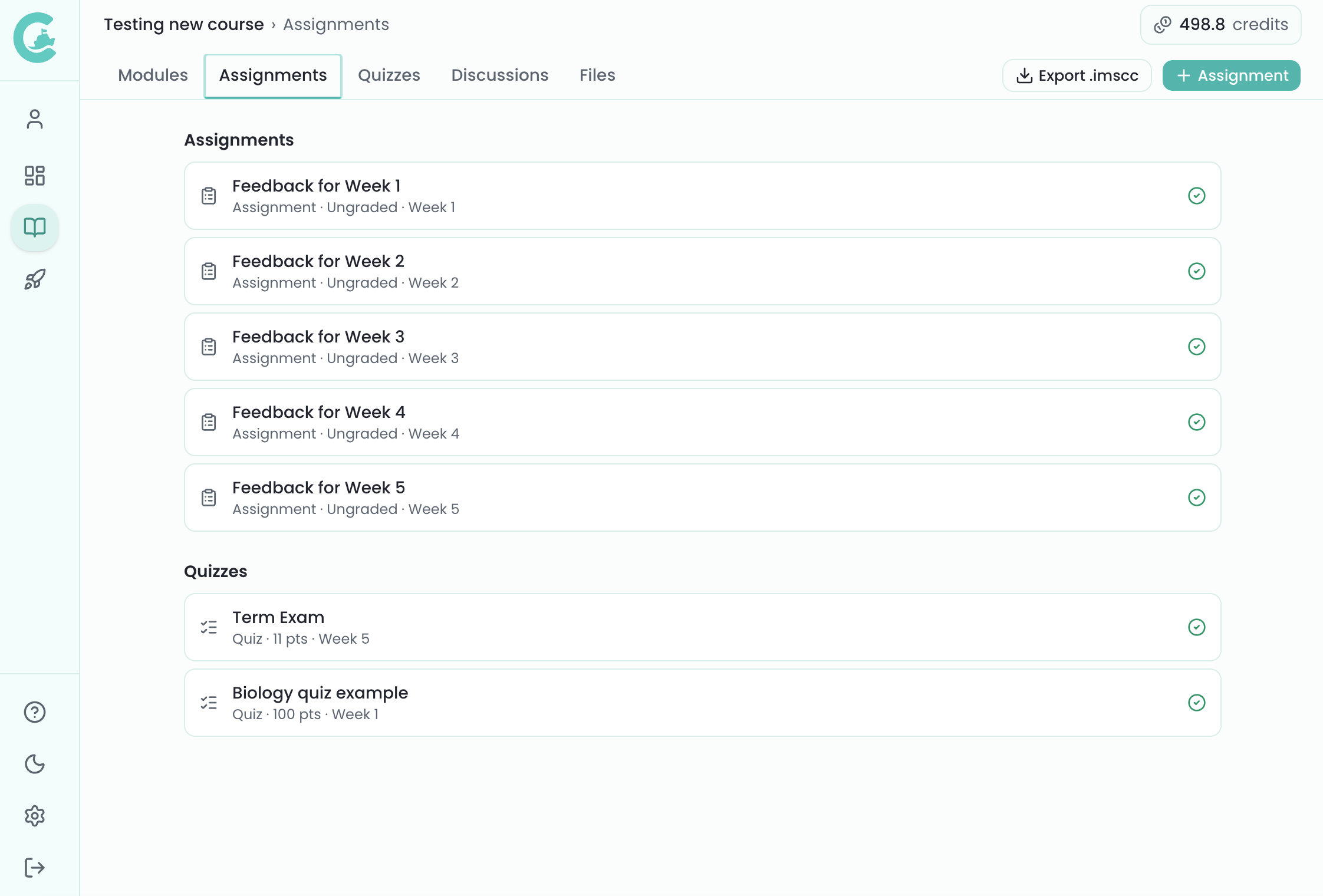 Assignments tab listing all assignments in the course