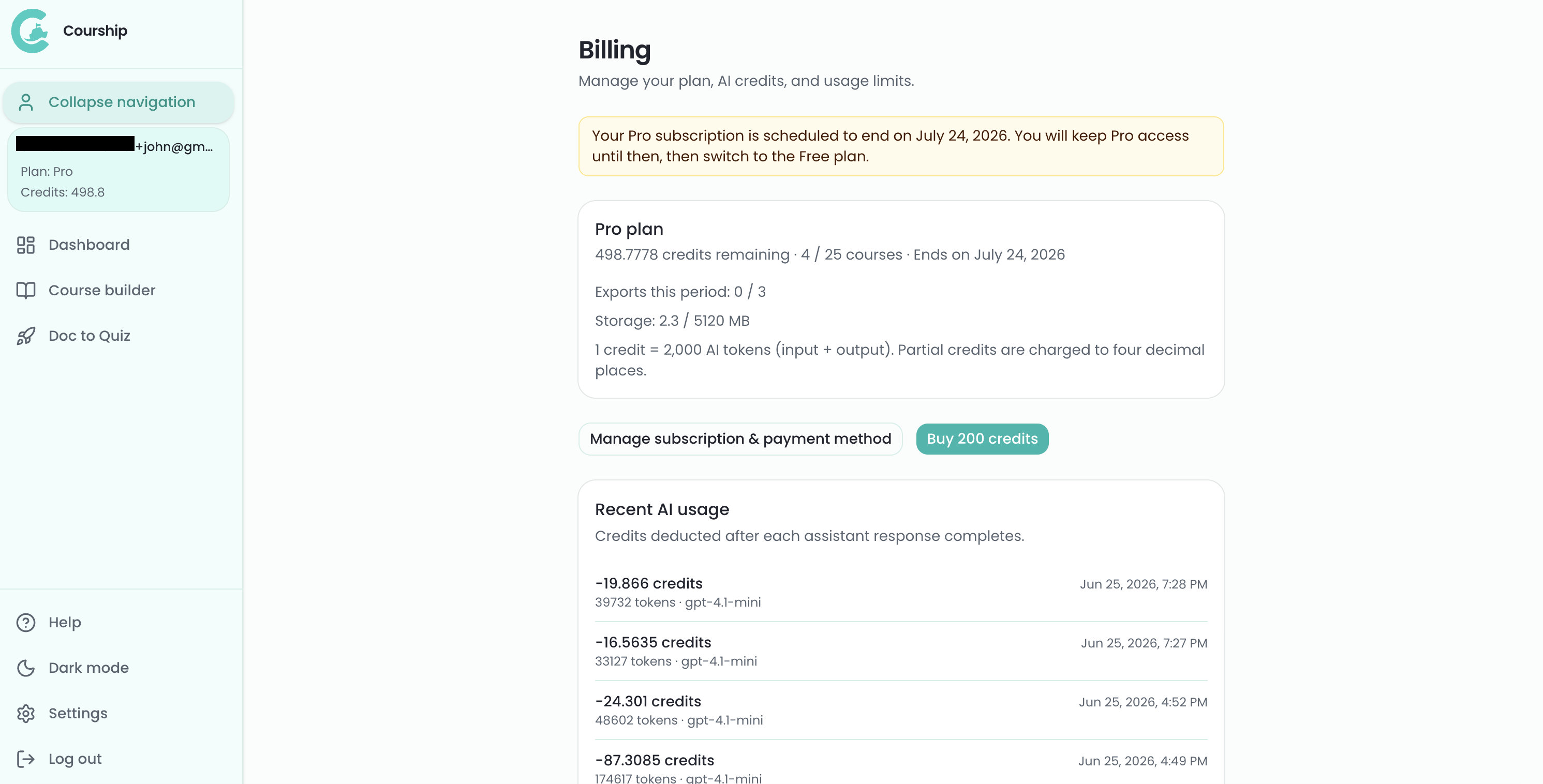 Billing page showing plan, limits, and token usage