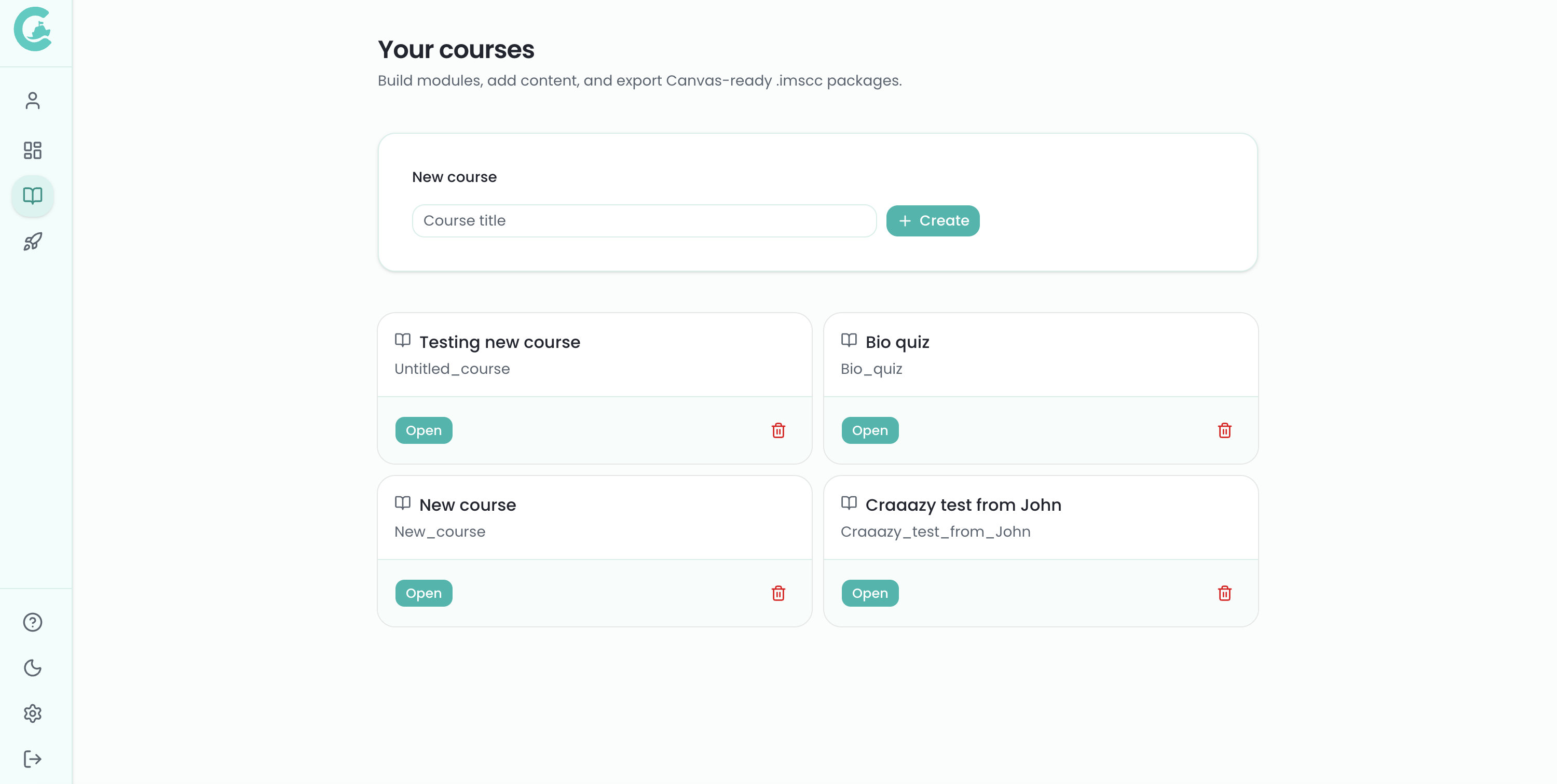 Course builder listing all courses