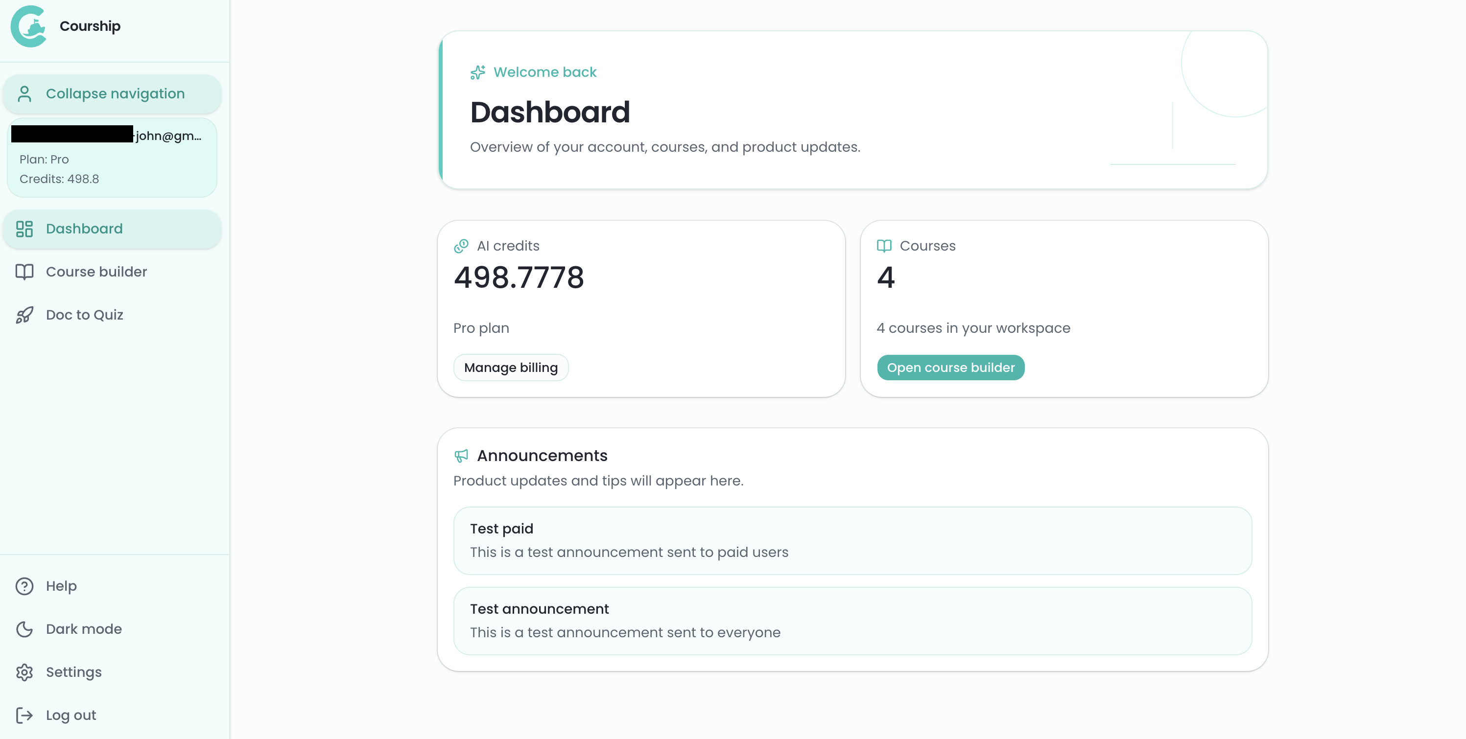 Courship dashboard with credits and course overview