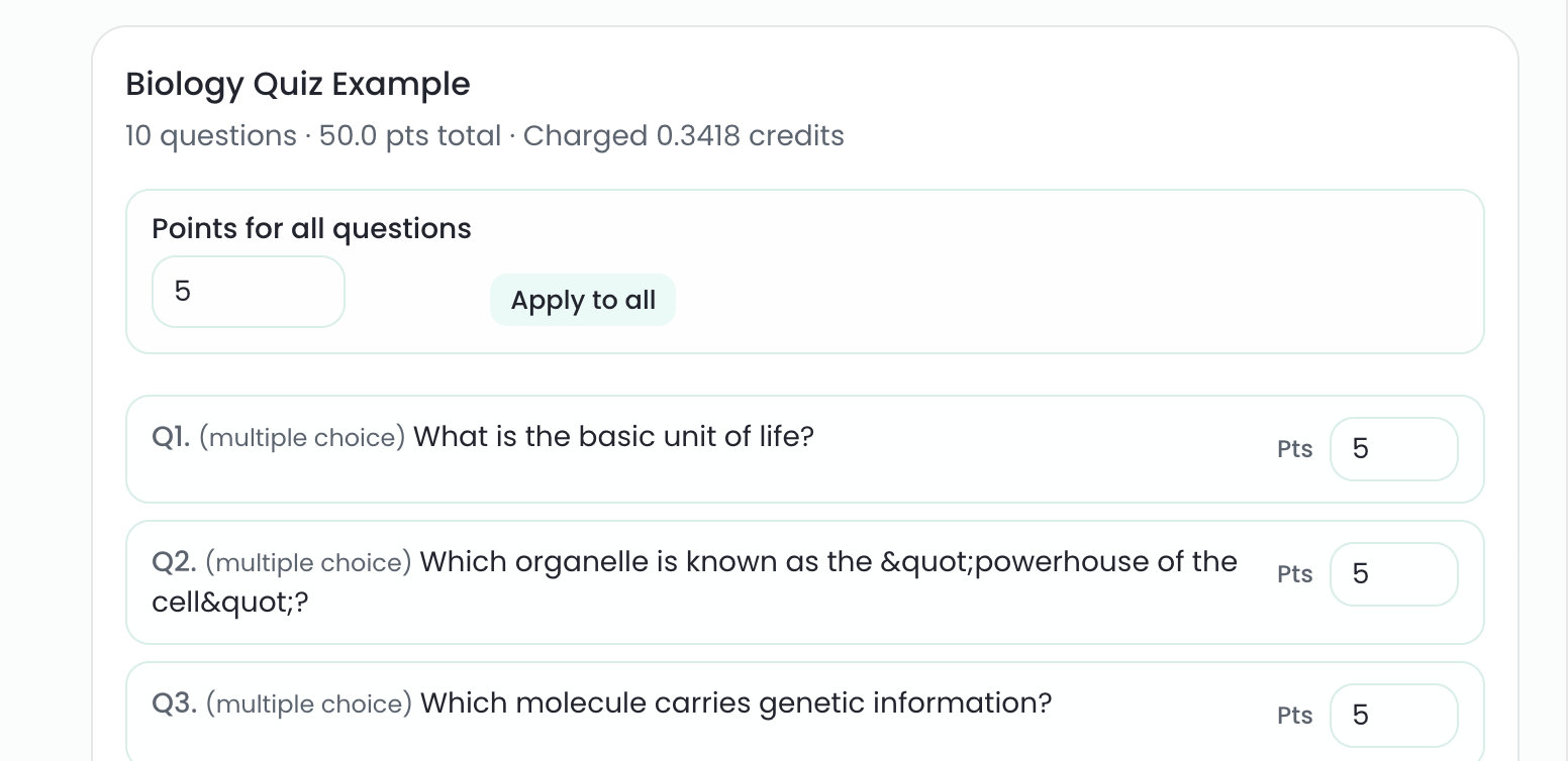 Apply all points option setting 5 points on every question