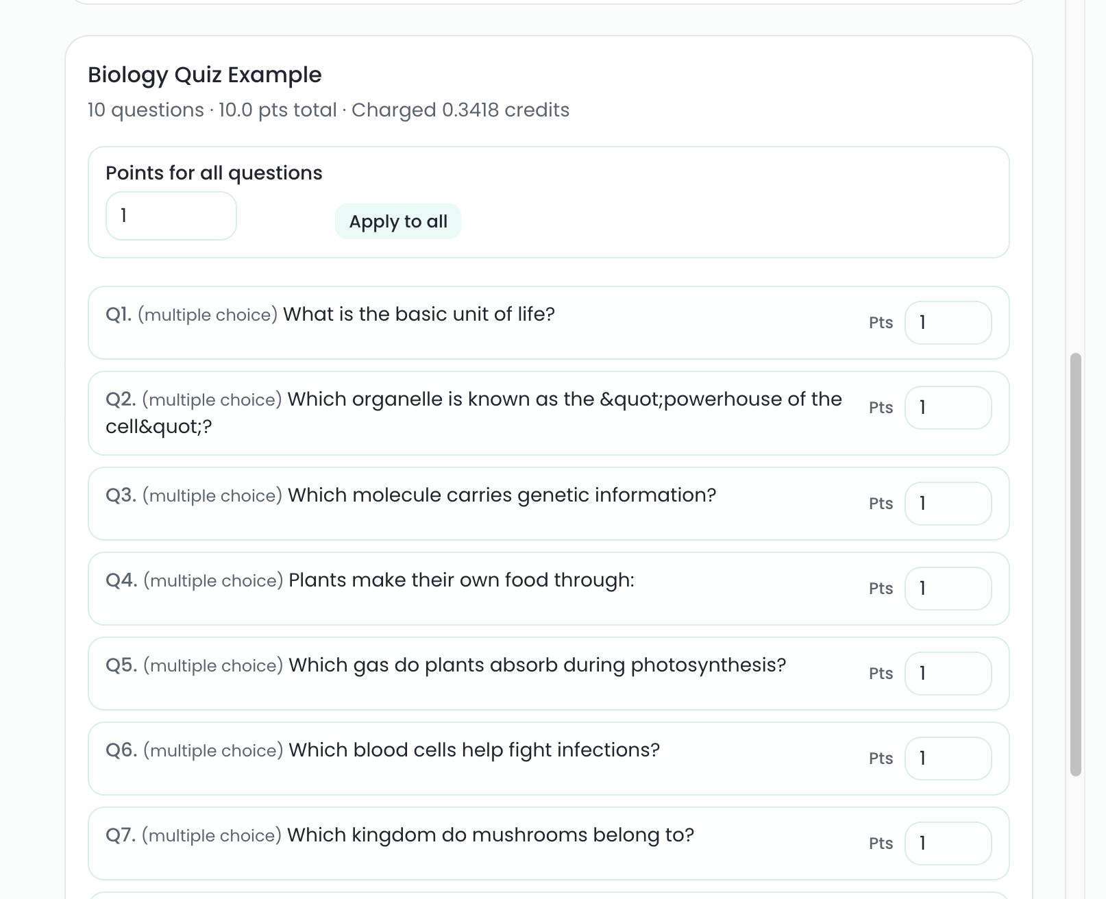 Generated quiz questions from an uploaded document