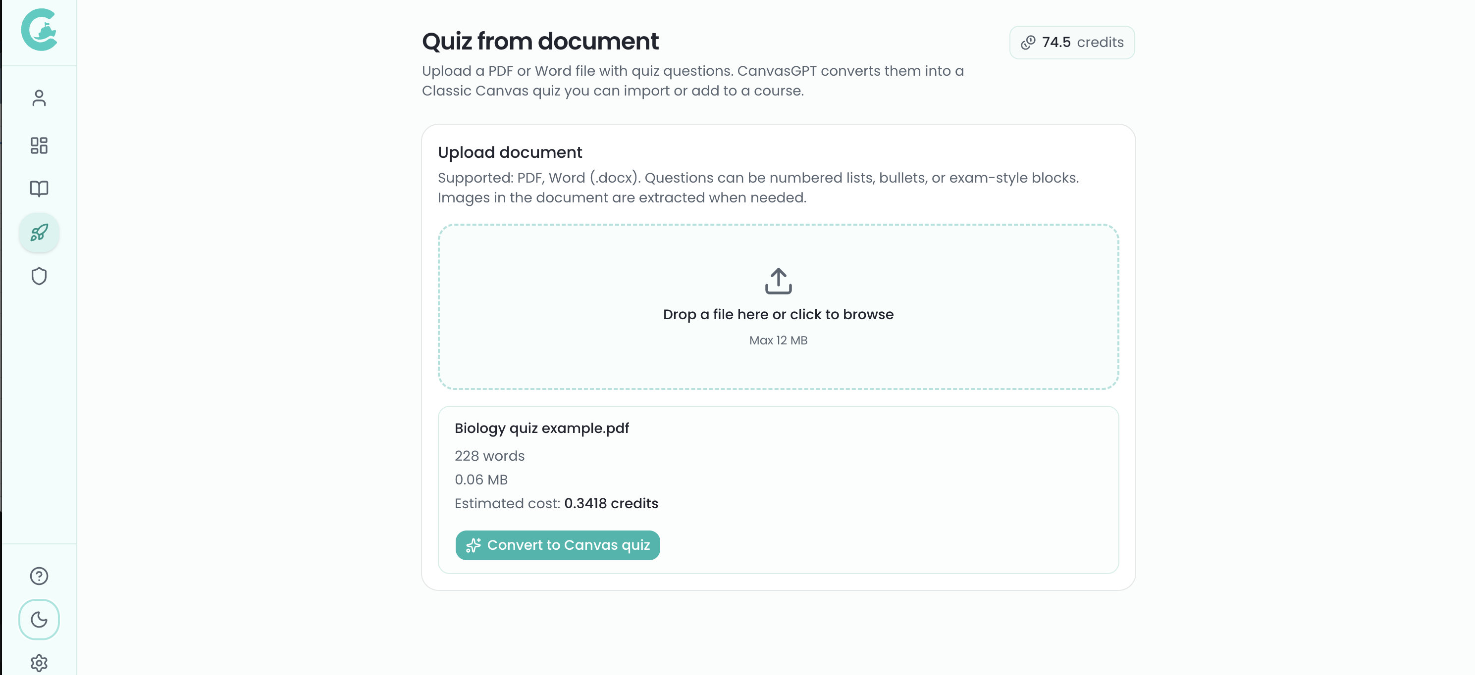 Document uploaded with Convert to Canvas quiz enabled