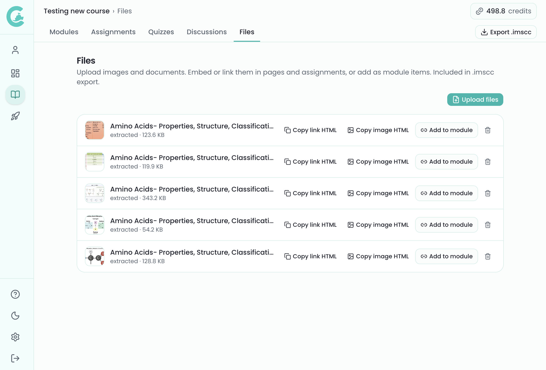 Files tab showing uploaded course files