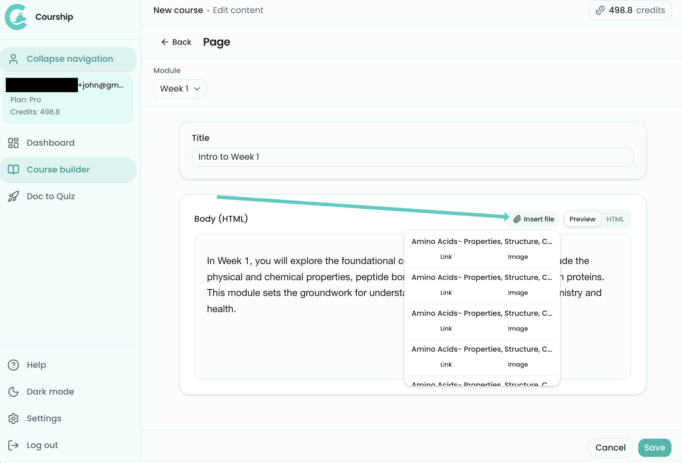 Insert file menu in the page editor showing course files