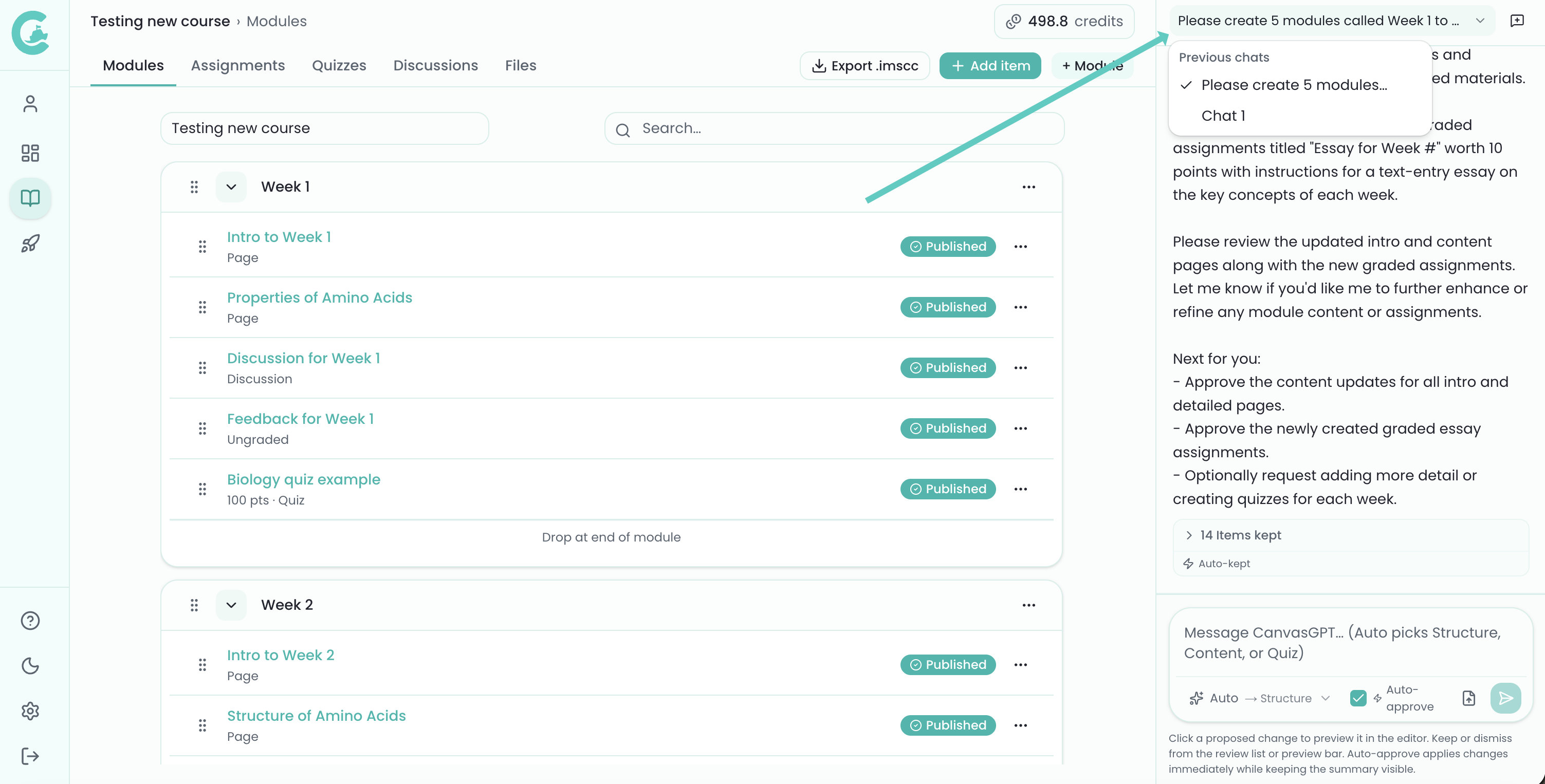 Module view with previous chats dropdown highlighted