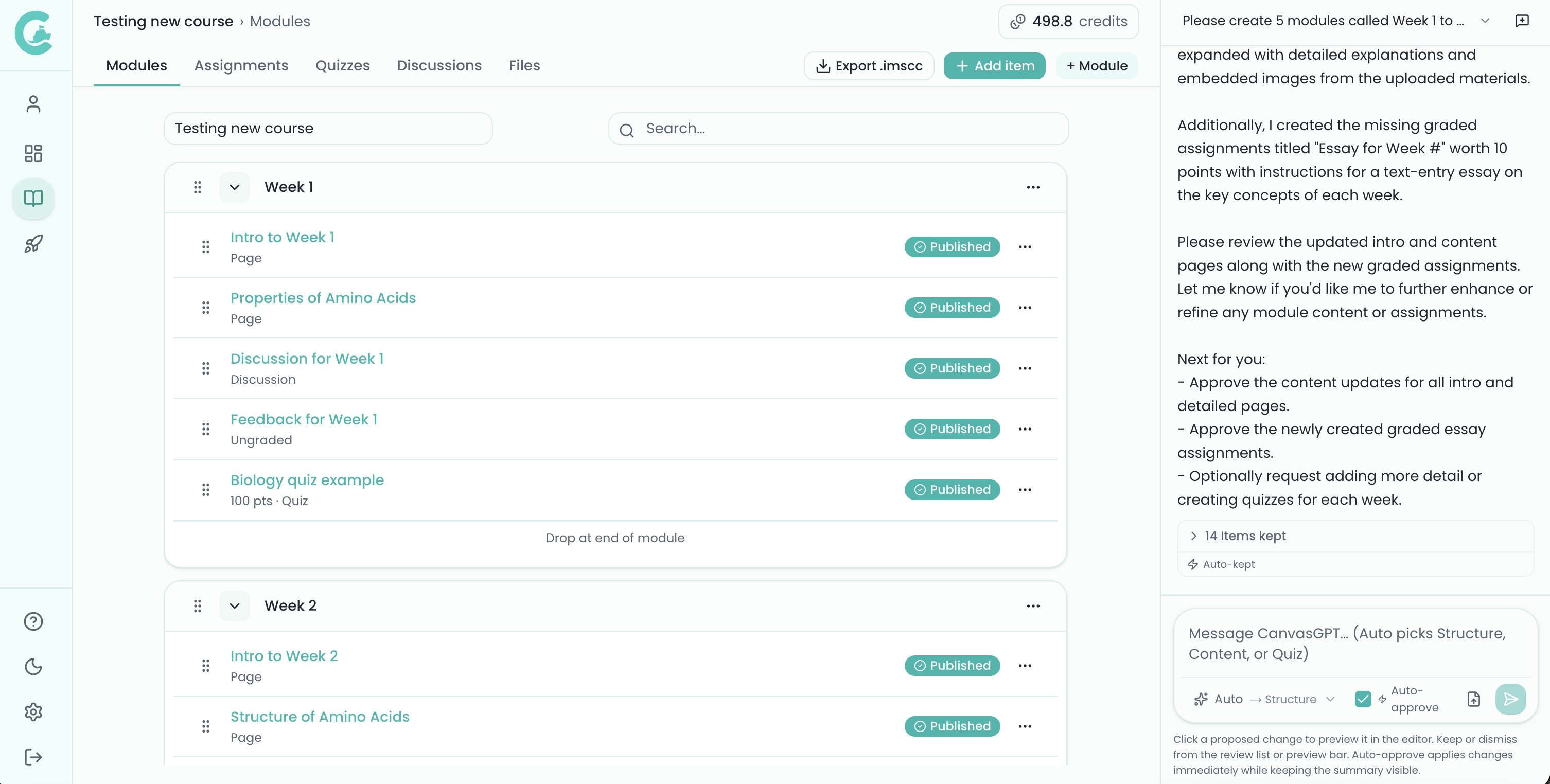 Modules tab showing course structure with pages, assignments, and quizzes