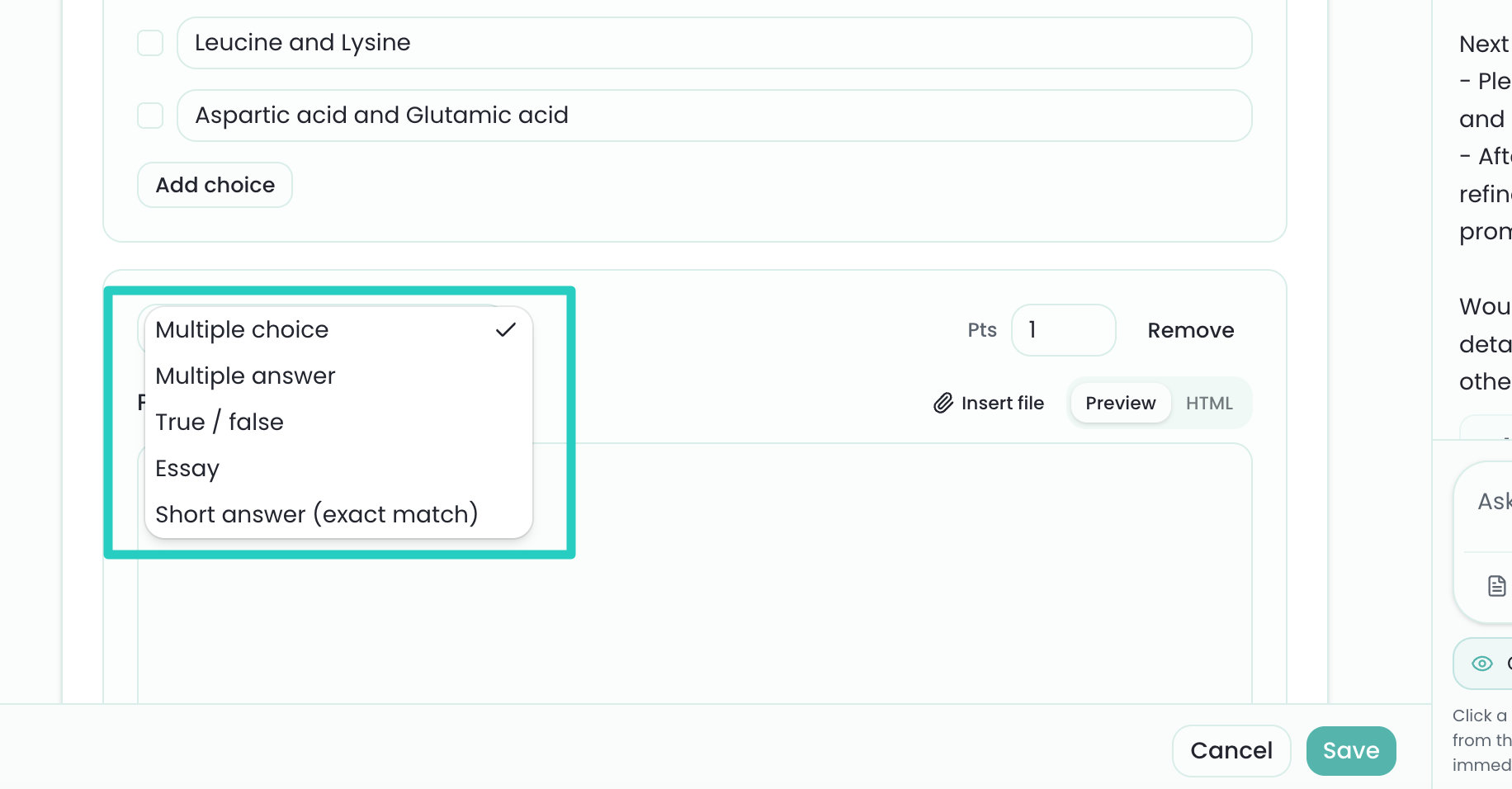 Quiz question types including multiple choice, true/false, and more