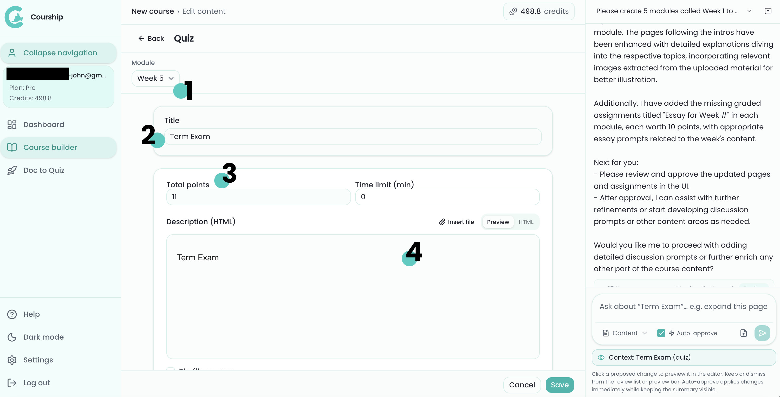 Quiz editor with module, title, points, time limit, and description fields labeled