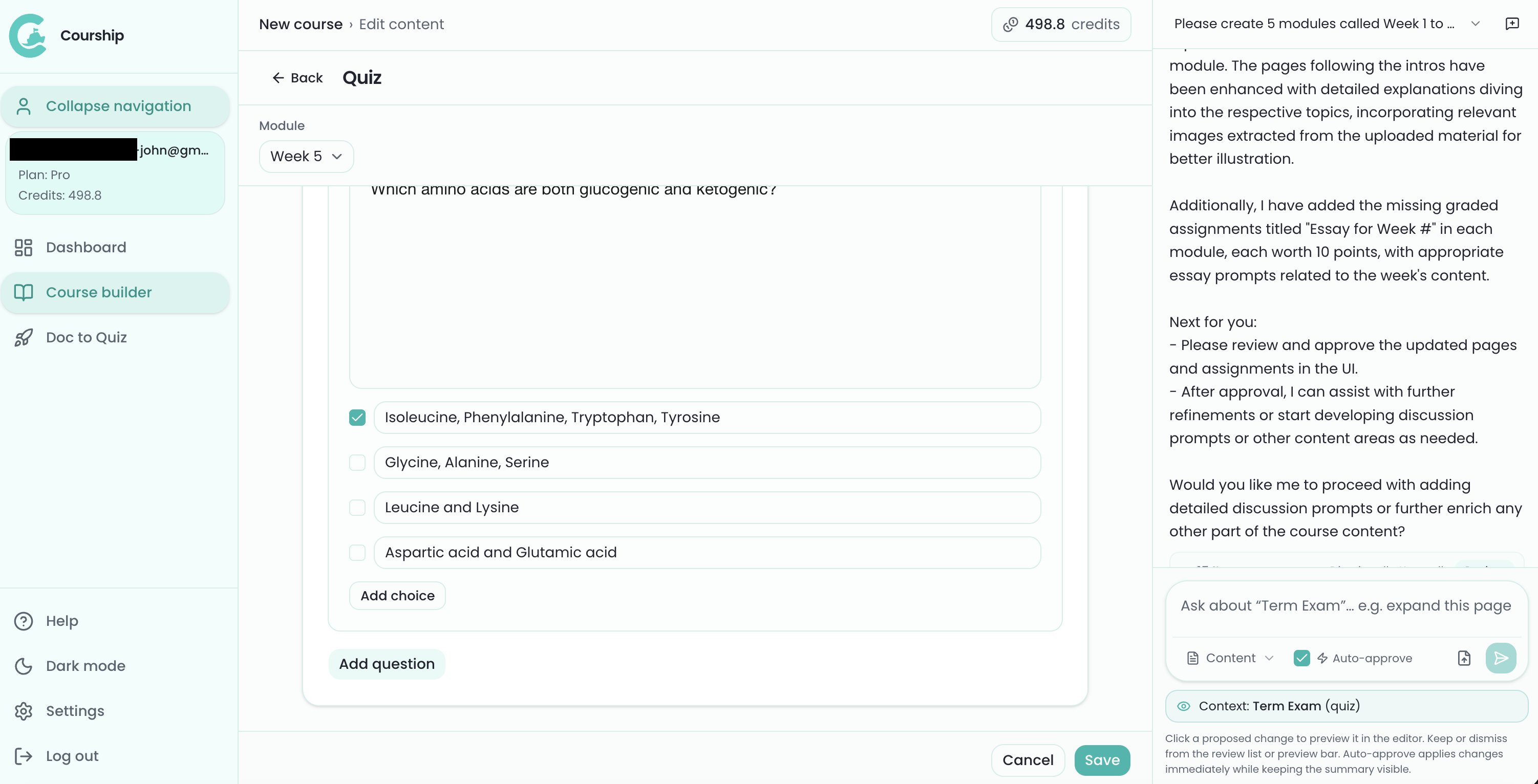 Quiz editor with multiple-choice question and AI assistant reply