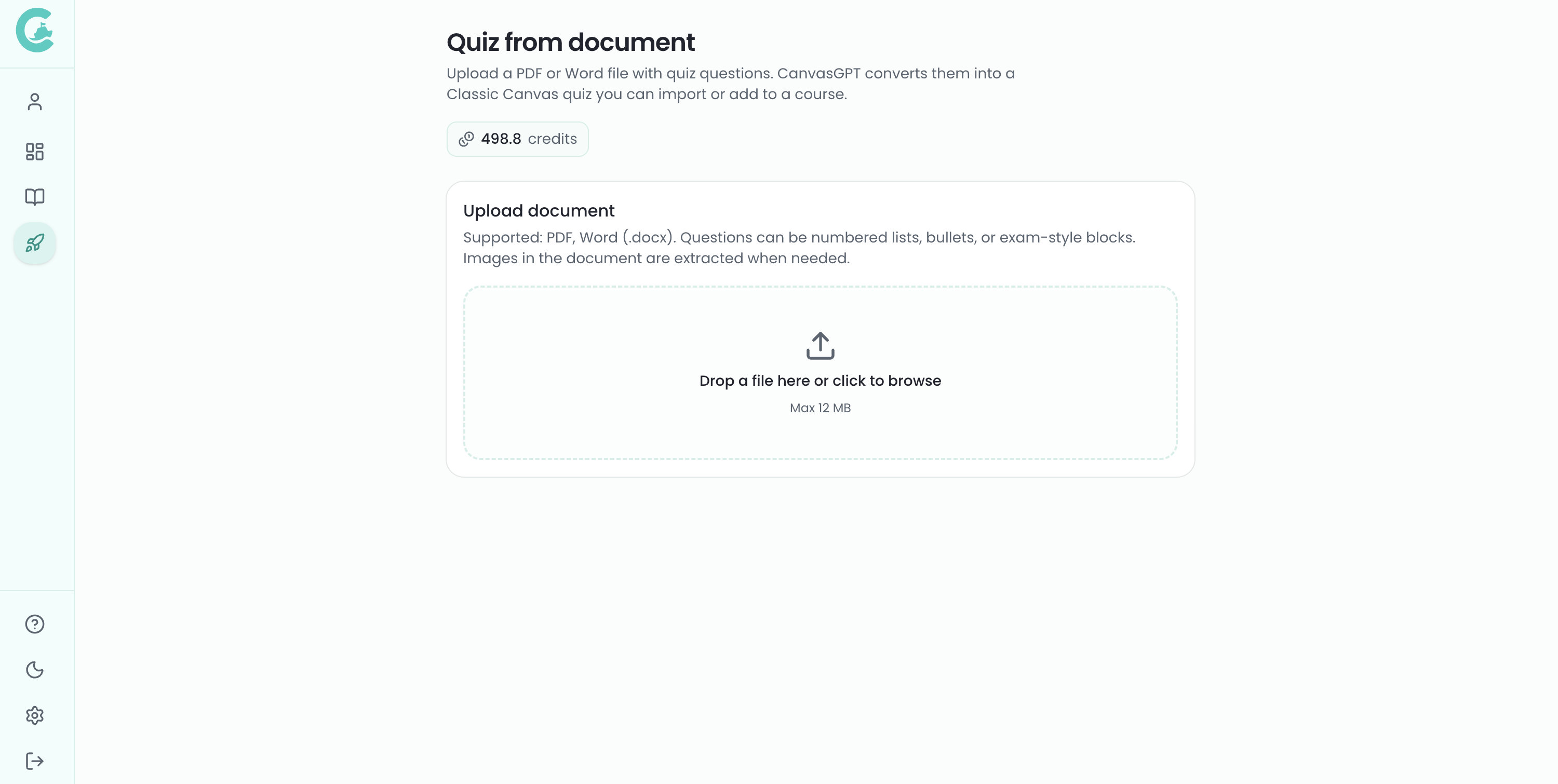 Doc to Quiz upload page