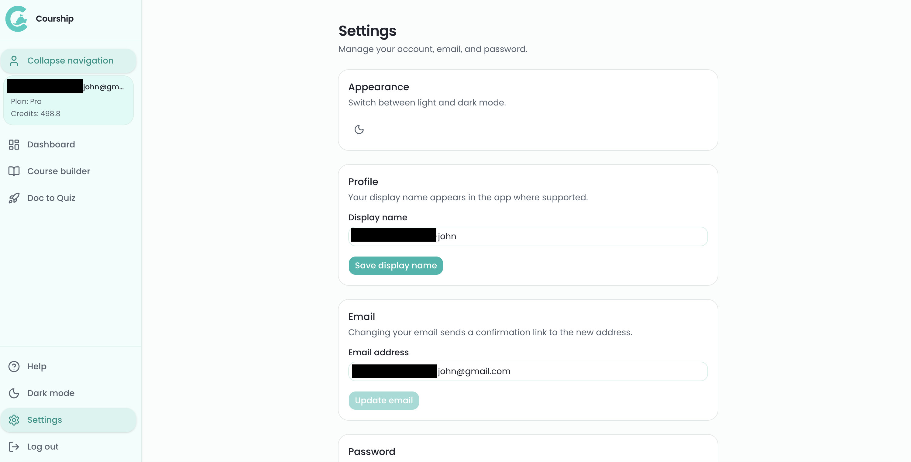 Settings page with account options